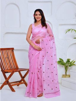 Doria Lifestyle - Pink Floral Embroidered Kota Doria Saree