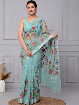 Doria Lifestyle - Light Blue Floral Embroidered Kota Doria Saree