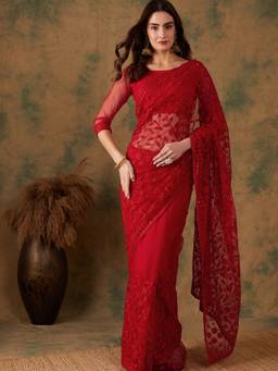 Mirraw - Red Net Embroidered Saree