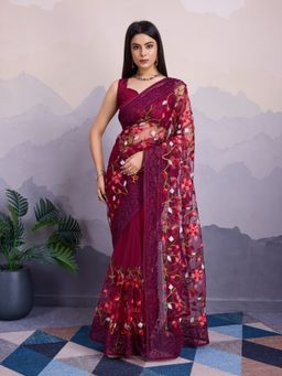 Mirraw - Elegant Maroon Floral Embroidered Net Saree