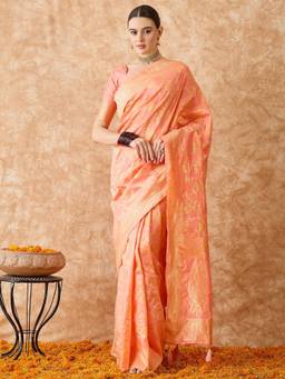 Mirraw - Elegant Peach Woven Zari Border Saree