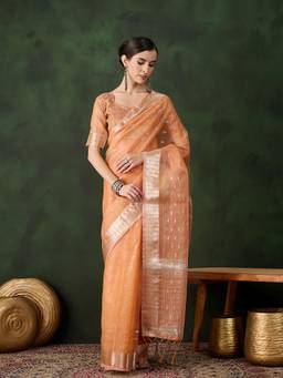 Mirraw - Elegant Peach Cotton Silk Woven Handloom Saree