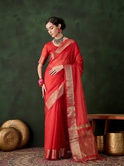 Mirraw - Elegant Red Cotton-Silk Woven Tassels Work Saree