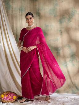 Mirraw - Fuchsia Pink Glitter Embellished Georgette Saree