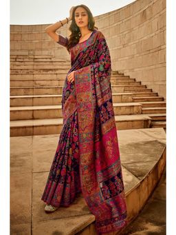 Mirraw - Deep Navy Blue Floral Printed Banarasi Silk Blend Saree