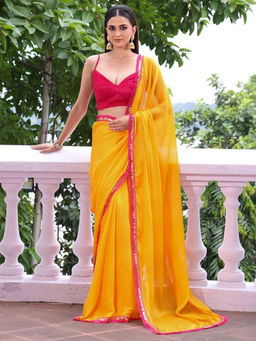 Mirraw - Elegance Yellow Solid Lace Work Chiffon Saree