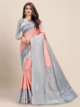 Mirraw - Elegant Peach-Grey Woven Silk Blend Saree