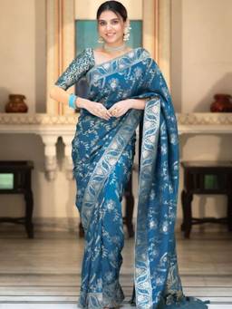 Mirraw - Teal Silk Blend Floral Woven Saree
