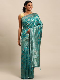 Mirraw - Turquoise Floral Woven Silk Blend Banarasi Saree