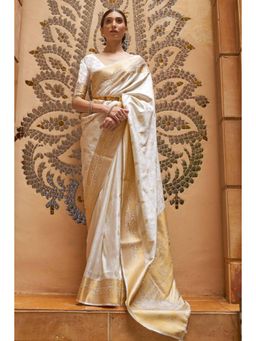 Mirraw - Elegant White Zari Woven Kanjeevaram Silk Blend Saree