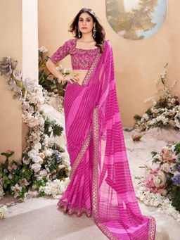 Mirraw - Pink Embroidered Leheriya Printed Saree