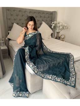 Mirraw - Elegant Dark Teal Floral Embroidered Saree