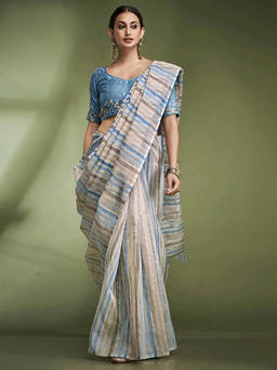 Mirraw - Multi-Color Stripes Printed Crushed Tissue Saree