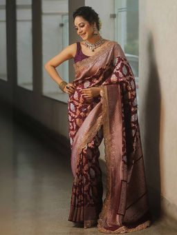 Mirraw - Regal Maroon Woven Lace Work Banarasi Art-Silk Saree