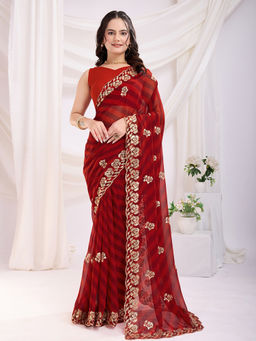 Mirraw - Scarlet Elegance Stripes Embroidered Georgette Saree