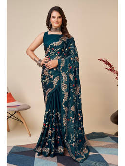 Mirraw - Teal Elegance Art Silk Embroidered Saree
