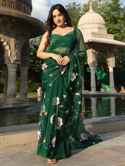 Mirraw - Elegant Green Organza Floral Hand Painted Saree