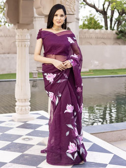 Mirraw - Elegant Wine Organza Floral Hand Painted Saree