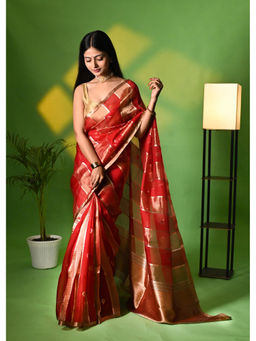 Biyahuti - Red Stripes Woven Handloom Tissue Saree