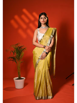 Biyahuti - Yellow Woven Handloom Pure Maheshwari Tissue Saree