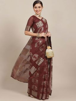 Sareemall - Women Cotton Blend Maroon Designer Saree with Unstitched Blouse