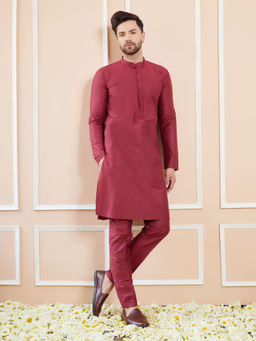 See Designs - Maroon Cotton Solid Straight Kurta with Matching Pyjama (Set of 2)