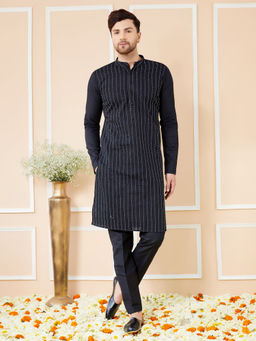 See Designs - Black Thread Worked Straight Kurta with Matching Pyjama (Set of 2)