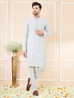 See Designs - Grey Cotton Solid Straight Kurta with Matching Pyjama (Set of 2)