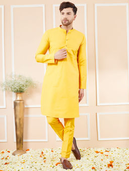 See Designs - Yellow Cotton Solid Straight Kurta with Matching Pyjama (Set of 2)