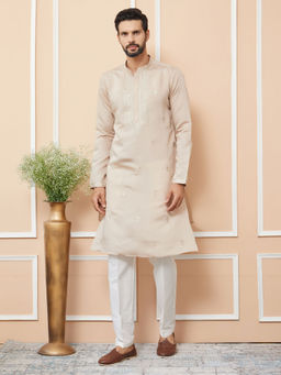See Designs - Beige Embroidered Chanderi Silk Straight Kurta with Pyjama (Set of 2)
