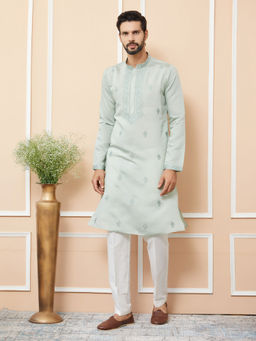 See Designs - Pastel Green Embroidered Chanderi Silk Straight Kurta with Pyjama (Set of 2)