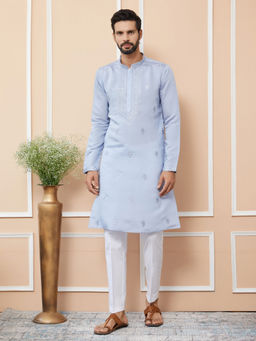 See Designs - Pastel Blue Embroidered Chanderi Silk Straight Kurta with Pyjama (Set of 2)