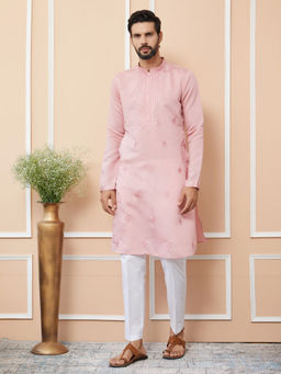 See Designs - Pale Rose Embroidered Chanderi Silk Straight Kurta with Pyjama (Set of 2)