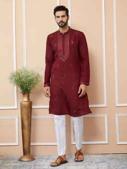 See Designs - Dark Maroon Embroidered Chanderi Silk Straight Kurta with Pyjama (Set of 2)