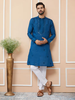 See Designs - Dark Blue Embroidered Chanderi Silk Straight Kurta with Pyjama (Set of 2)