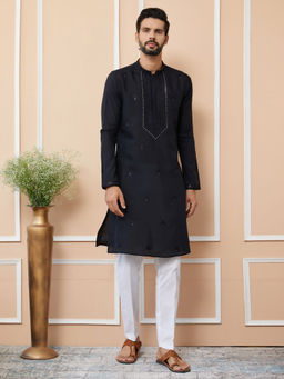 See Designs - Black Embroidered Chanderi Silk Straight Kurta with Pyjama (Set of 2)