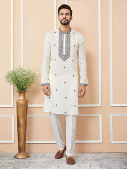 See Designs - Cream Embroidered Chanderi Silk Straight Kurta with Pyjama (Set of 2)