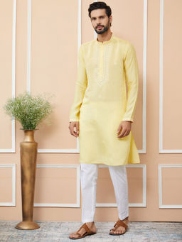 See Designs - Yellow Embroidered Chanderi Silk Straight Kurta with Pyjama (Set of 2)