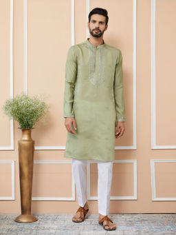See Designs - Olive Embroidered Chanderi Silk Straight Kurta with Pyjama (Set of 2)