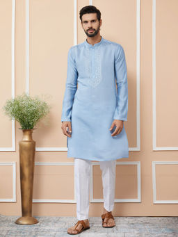 See Designs - Light Blue Embroidered Chanderi Silk Straight Kurta with Pyjama (Set of 2)