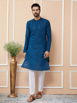 See Designs - Navy Blue Embroidered Chanderi Silk Straight Kurta with Pyjama (Set of 2)