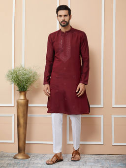 See Designs - Maroon Embroidered Chanderi Silk Straight Kurta with Pyjama (Set of 2)