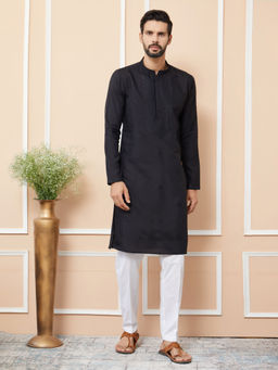 See Designs - Black Embroidered Chanderi Silk Straight Kurta with Pyjama (Set of 2)