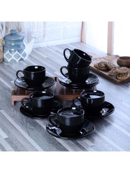 CDI - Set of 12 Black Solid Ceramic Glossy Cups And Saucers