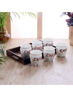 CDI - Set of 6 White & Maroon Printed Ceramic Glossy Cups With Wooden Tray