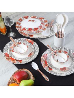CDI - White & Red Set of 40 Pieces Floral Printed Melamine Glossy Dinner Set