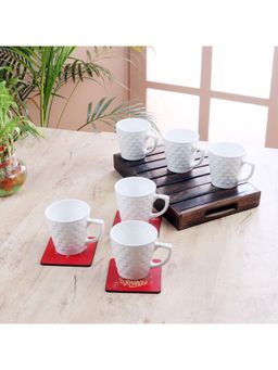 Ceradeco - CDI White Textured 6-Pieces Ceramic Glossy Cups Set With Wooden Tray