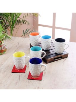 Ceradeco - CDI Set of 6 White & Blue Solid Ceramic Glossy Cups With Wooden Tray
