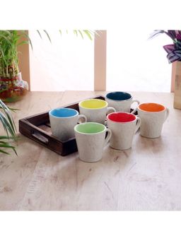 Ceradeco - CDI White & Blue Solid 6-Pieces Ceramic Matte Cups Set With Wooden Tray