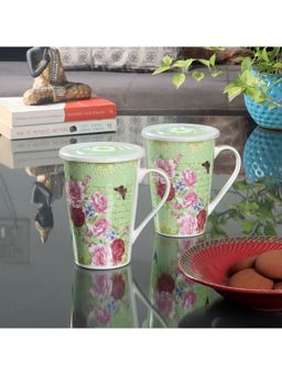 Ceradeco - Pack of 2 Green & Red Printed Ceramic Glossy Mugs With Lid